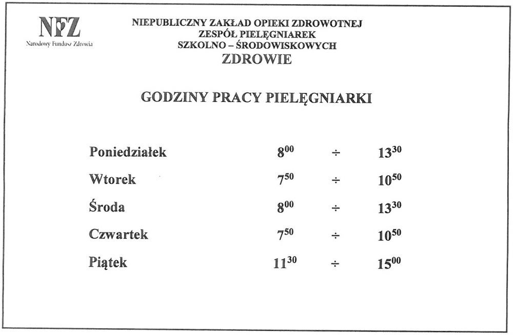 Godziny pracy pielęgniarki szkolnej